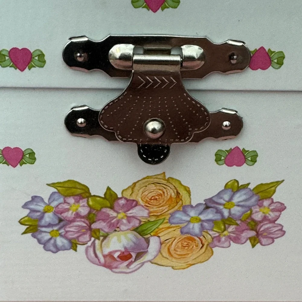 Ballerina Musical Jewelry Box White Pink Floral Vintage Style with Drawer Mirror